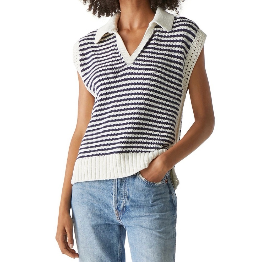 Michael Stars Striped Knit Polo Sweater Vest in Navy and White